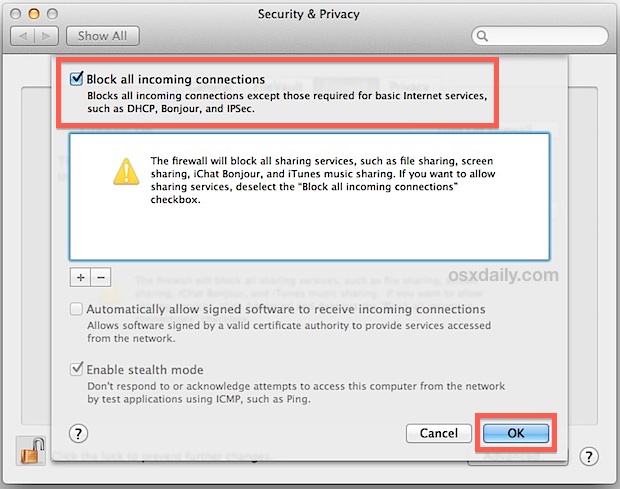 Как заблокировать все входящие сетевые подключения в Mac OS X