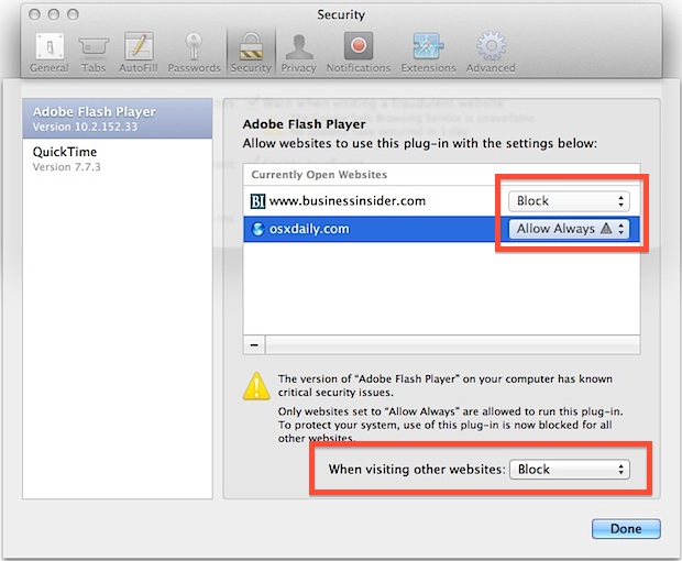 Как включить плагин Flash для определенных веб-сайтов только в Safari для Mac OS X