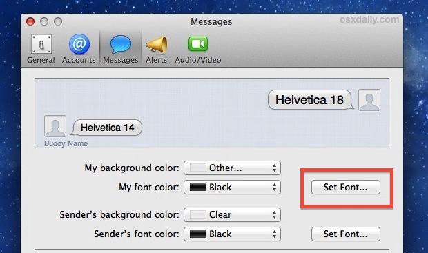 Изменение размера шрифта сообщений в Mac OS X