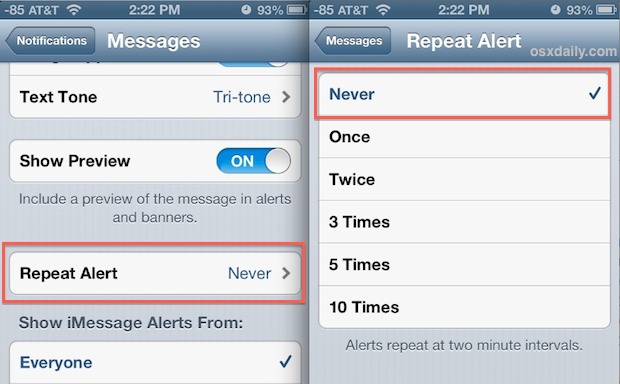 Отключить повторяющиеся оповещения о текстовых сообщениях на iPhone