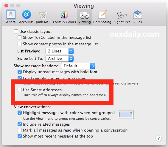 Всегда показывать полное имя и адрес электронной почты получателей в почте для Mac OS X