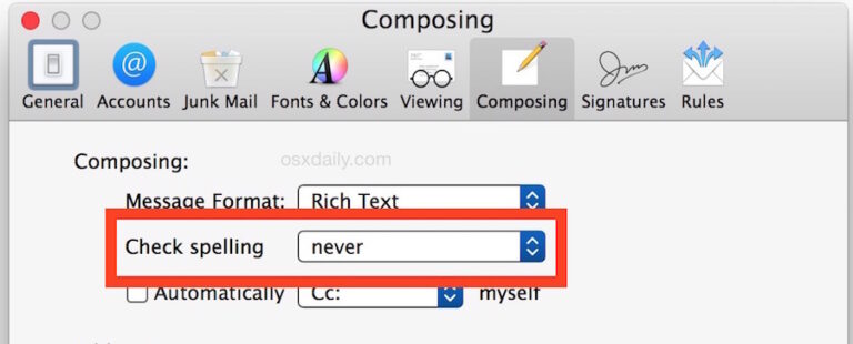 Как отключить проверку орфографии в почте для Mac OS X