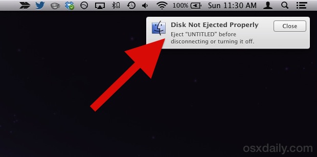 Безопасное извлечение диска во избежание появления предупреждения «Диск не извлечен должным образом» в Mac OS X