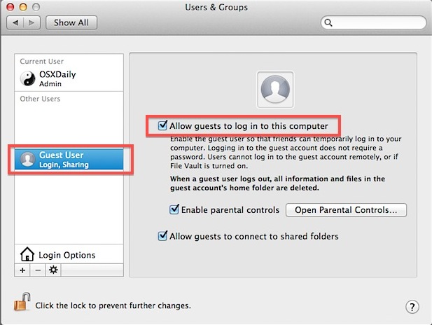 Настройка учетной записи гостя в Mac OS X