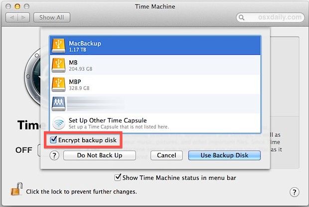 Шифрование резервных копий Time Machine в Mac OS X