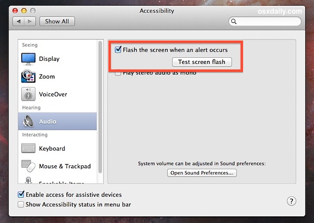 Включение вспышки экрана для уведомлений о предупреждениях в Mac OS X