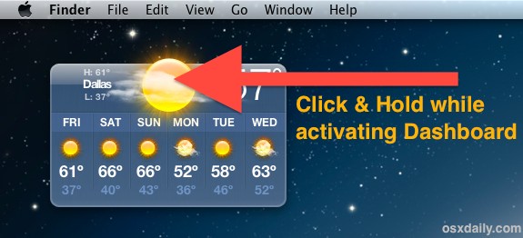 Добавление виджетов “Погода и другие информационные панели” на рабочий стол в Mac OS X
