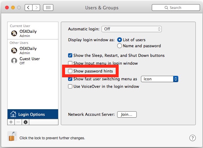 Как показать подсказки пароля при входе в Mac OS X
