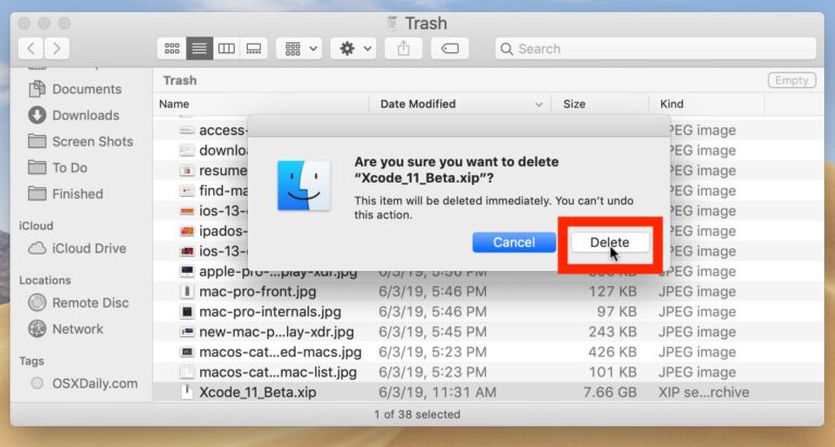 Как удалить отдельный файл из корзины на Mac