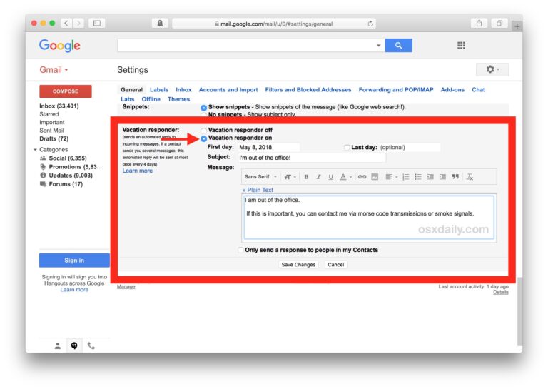 Как установить автоматический ответчик на время отпуска в Gmail