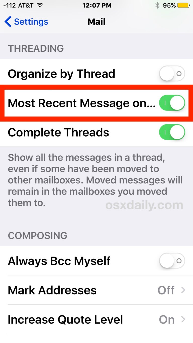 Как показать самое последнее сообщение поверх цепочек писем в почте iOS