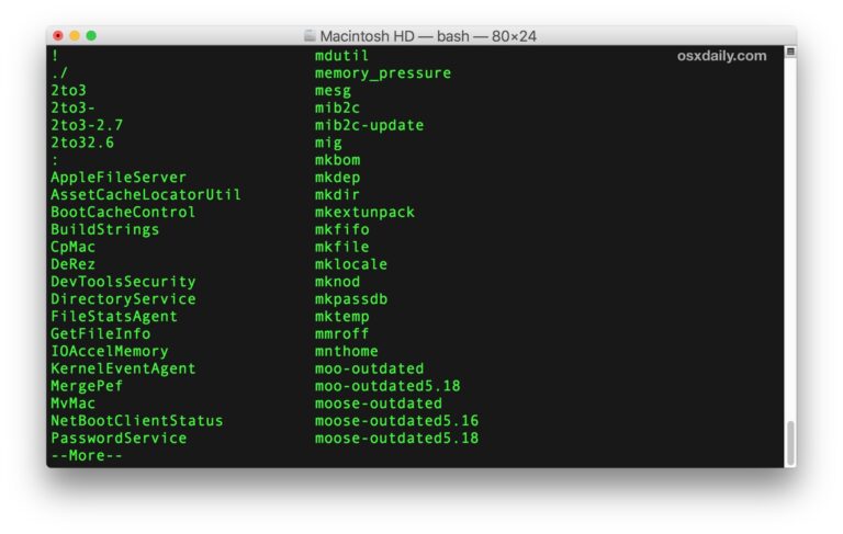 Как вывести список всех команд терминала в Mac OS