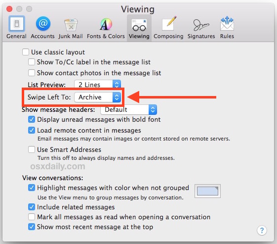 Измените левый жест смахивания почты в OS X на архивирование или удаление