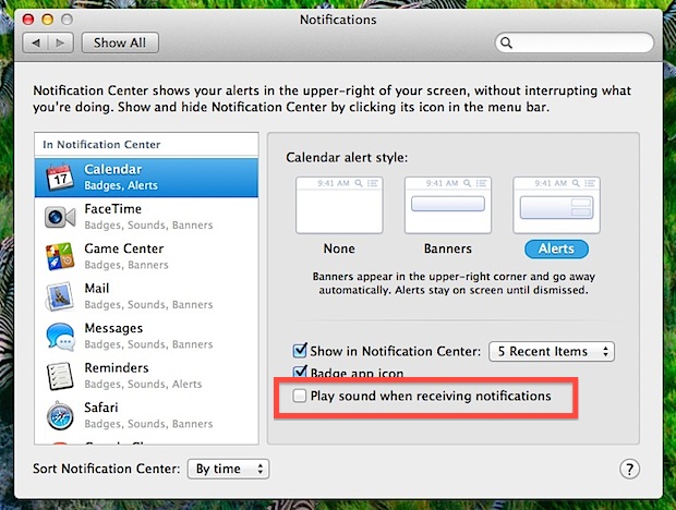 Отключить звуки предупреждений Центра уведомлений в Mac OS X