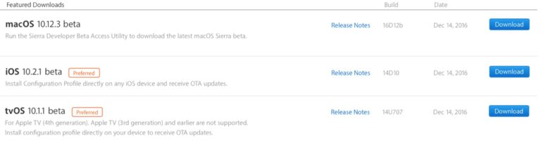 Доступна первая бета-версия MacOS 10.12.3, iOS 10.2.1, tvOS 10.1.1