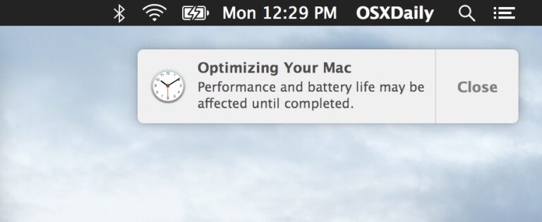 Описание уведомления «Оптимизация вашего Mac» в Mac OS X