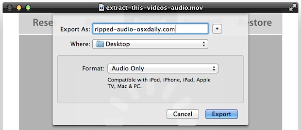 Копируйте аудиодорожку из видео с помощью QuickTime в Mac OS X