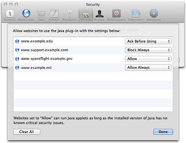 Разрешить подключаемый модуль Java для каждого веб-сайта с обновлениями Java и Safari для OS X