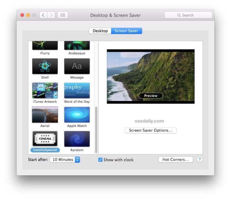 Воспроизведение видео в качестве заставки в Mac OS X