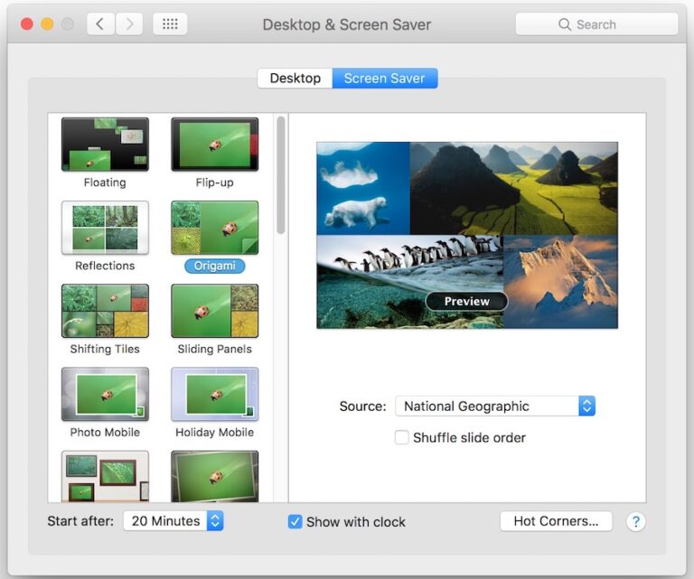 Расположение экранной заставки по умолчанию в Mac OS