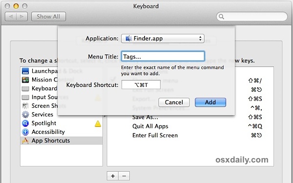 Добавление тегов к файлам в Mac OS X с помощью сочетания клавиш