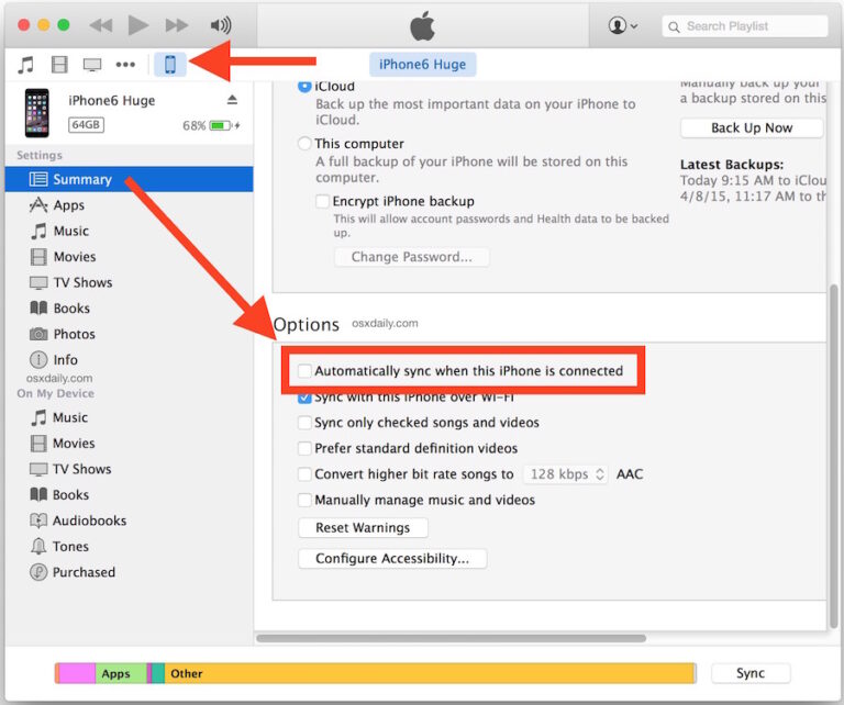 Отключить автоматическую синхронизацию в iTunes при подключении iPhone, iPad или iPod
