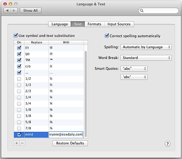 Установите ярлык для мгновенного ввода адреса электронной почты в Mac OS X с расширением текста