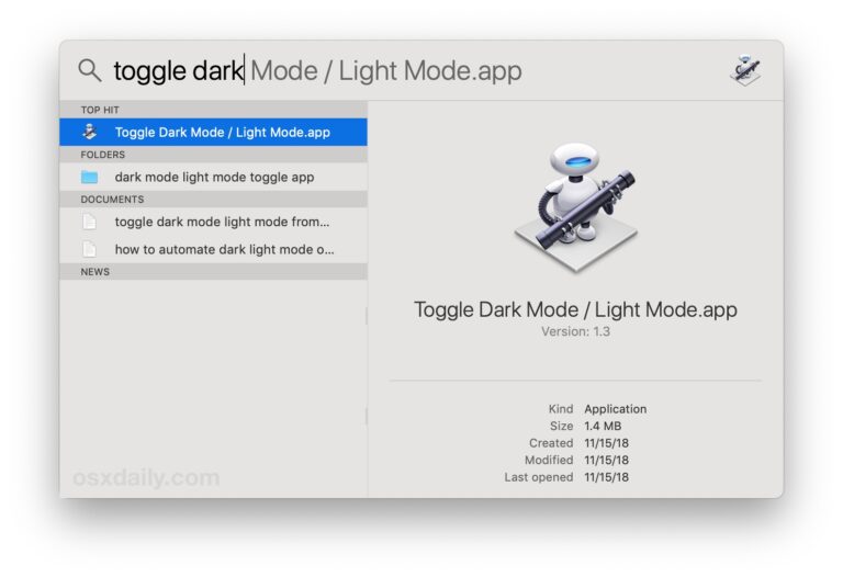 Быстрое переключение темного режима и светлого режима на Mac из Spotlight
