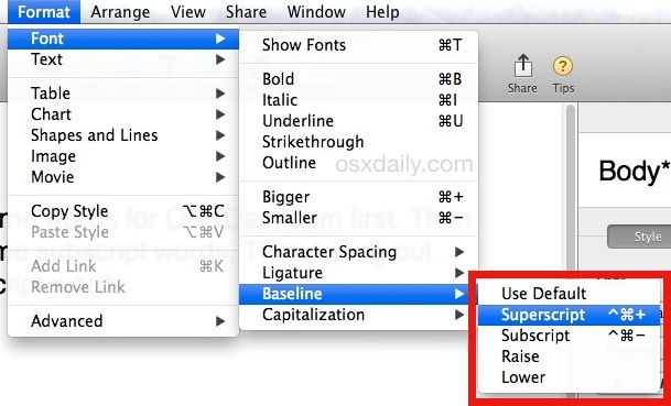 Как вводить надстрочный и подстрочный текст в Pages для Mac OS X