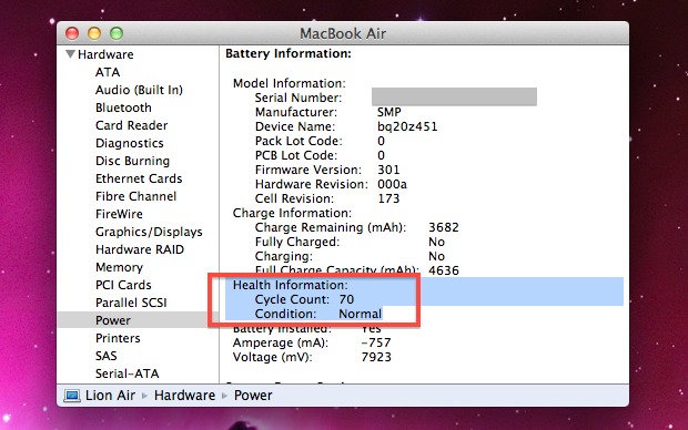 Проверьте счетчик циклов батареи на Mac