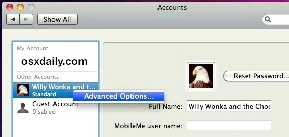 Как изменить краткое имя учетной записи пользователя в Mac OS X