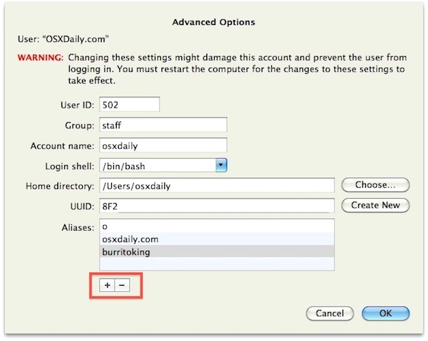 Настройка псевдонима имени пользователя в качестве альтернативы изменению имени учетной записи в Mac OS X