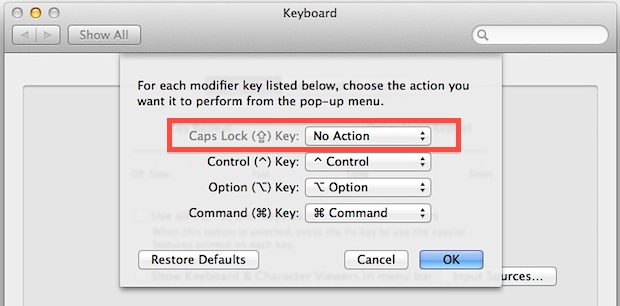 Отключить клавишу Caps Lock на Mac