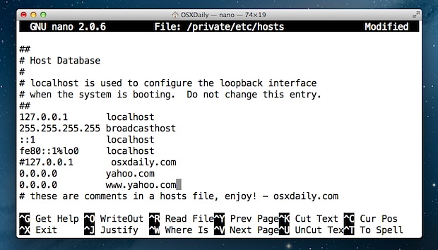 Заблокируйте доступ к веб-сайтам на Mac, изменив / etc / hosts