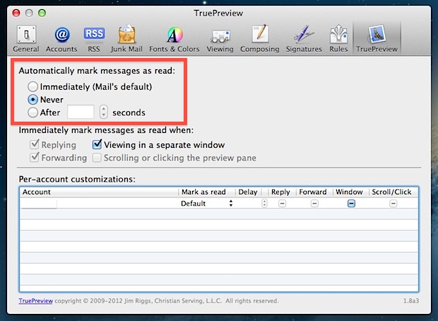 Изменить поведение почтовых приложений «Пометить как прочитанное» в Mac OS X