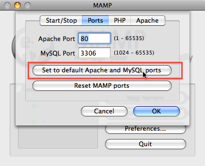 Как изменить MAMP на порты Apache и MySQL по умолчанию