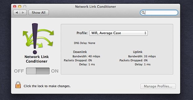Имитация интернет-соединения и скорости полосы пропускания с помощью Network Link Conditioner в Mac OS X