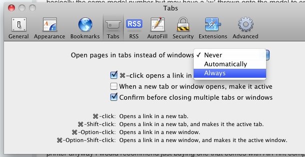 Установите всегда открывать новые окна во вкладках в Safari для Mac OS X