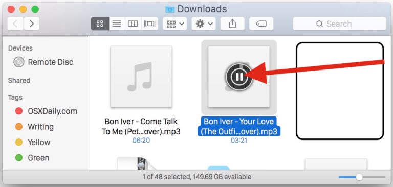 Воспроизведение MP3 и аудио файлов в Finder Mac OS X с помощью этой уловки со значками
