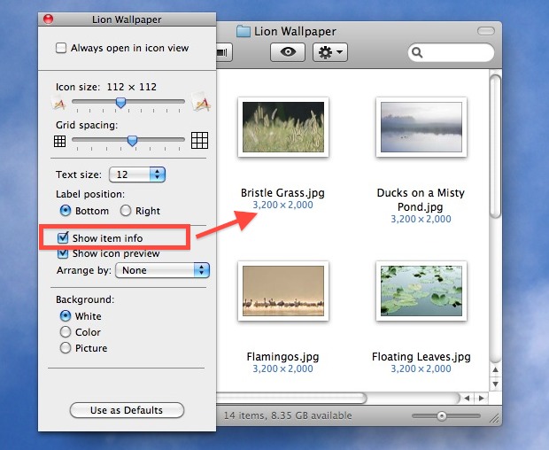 Отображение размеров изображения в Mac OS X Finder Windows и рабочий стол