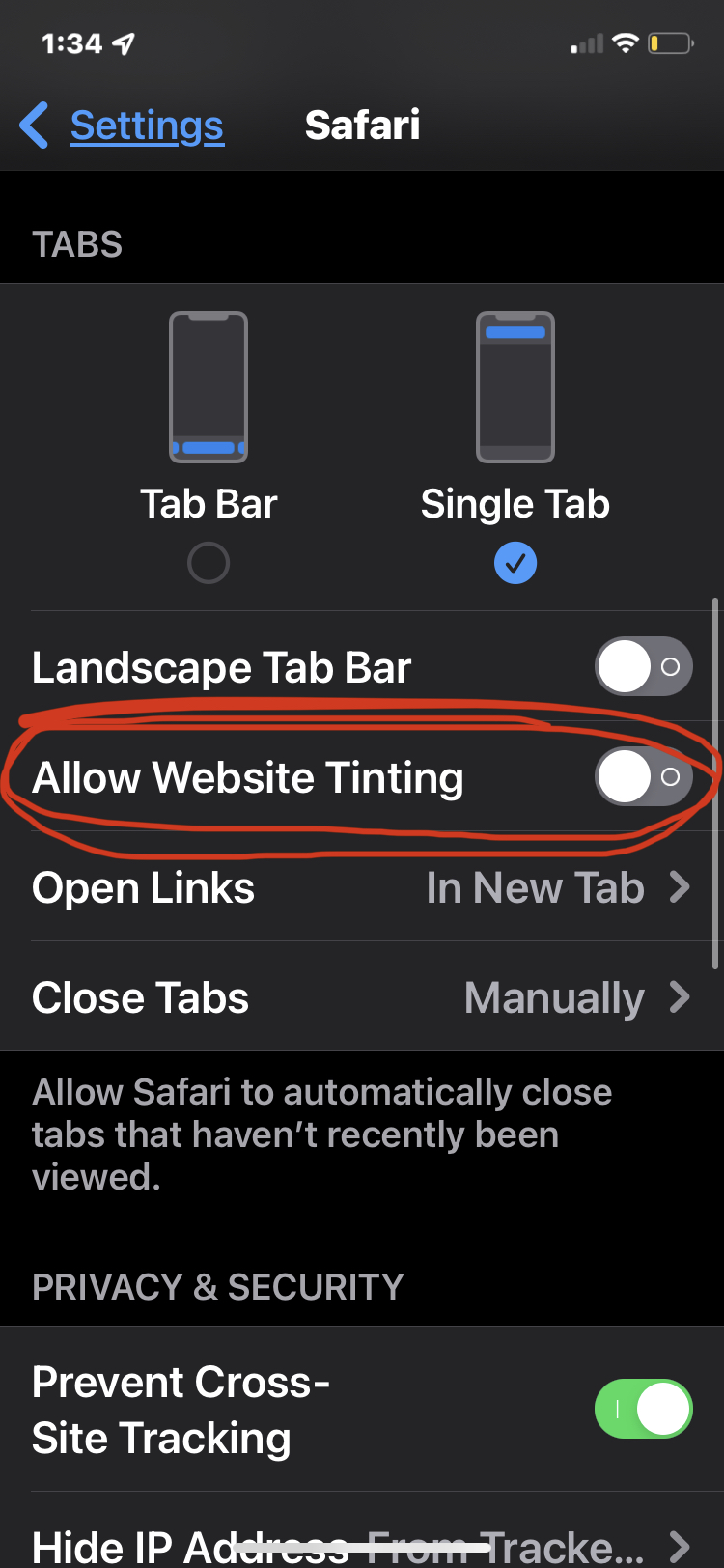 Как отключить цветовой эффект адресной строки в Safari для iPhone и iPad