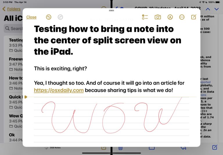 Центрирование окна заметок в режиме разделенного просмотра на iPad