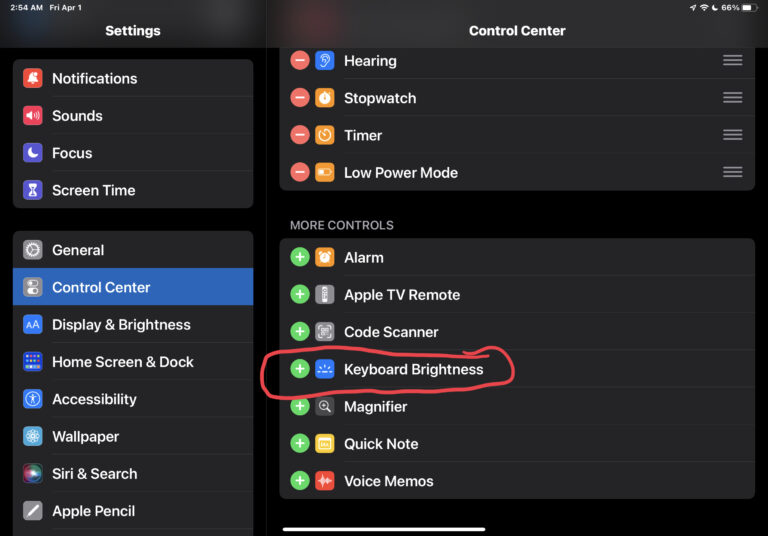 Как изменить яркость подсветки клавиатуры iPad Magic Keyboard из Центра управления