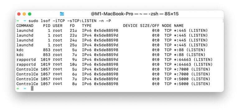 Как узнать, кто/что прослушивает TCP-порты на Mac
