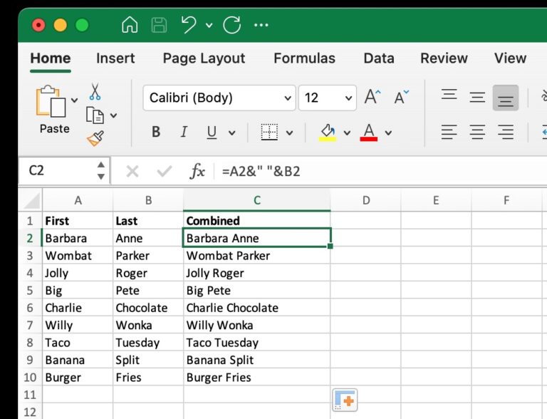 Как объединить два столбца в Excel