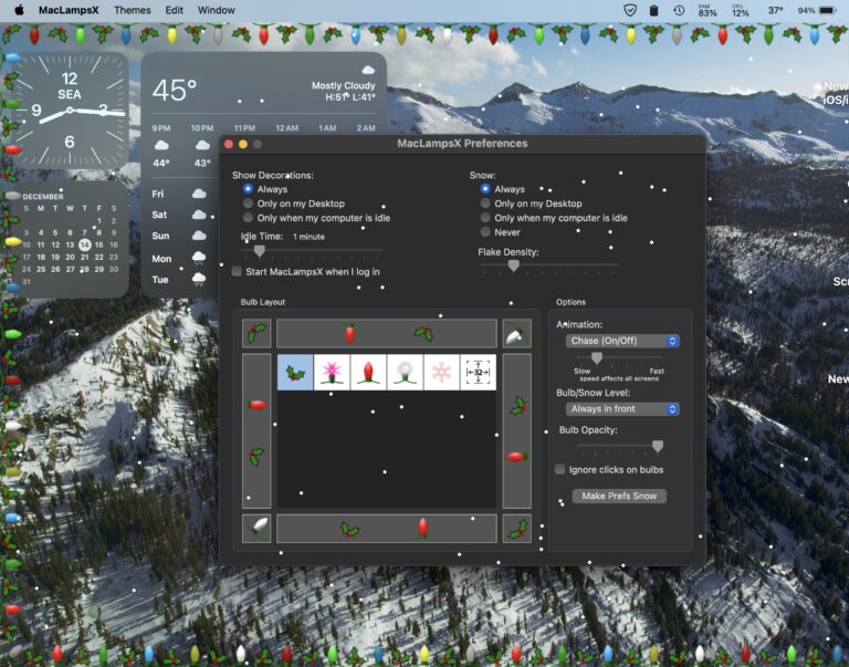 Поместите падающий снег и рождественские гирлянды на рабочий стол Mac с помощью MacLampsX